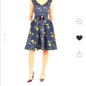 Embroidered Fit and Flare V Neck Floral Dress